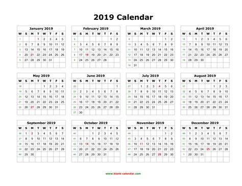 Calendar for Year 2019 (United States) .